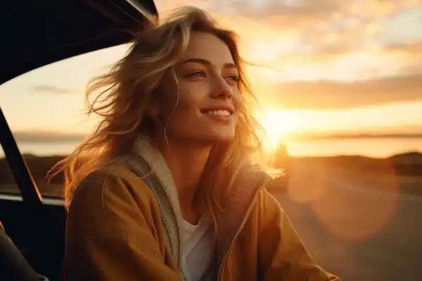 Woman enjoying a sunset from her car, while save money on motoring with economical driving practices during an Australian road trip