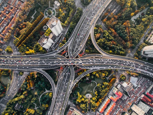An aerial view of a traffic junction in Shanghai, where drivers often check demerit points.