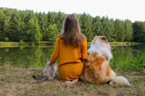 image of woman and dog sitting by a lake