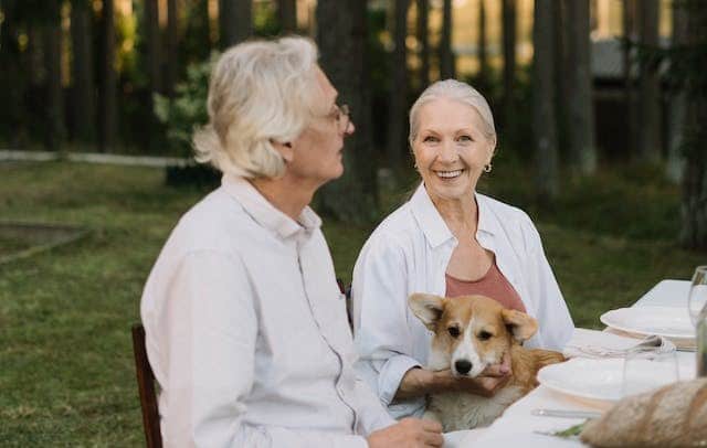 An older couple sit an an outdoor table setting with their pet dog.