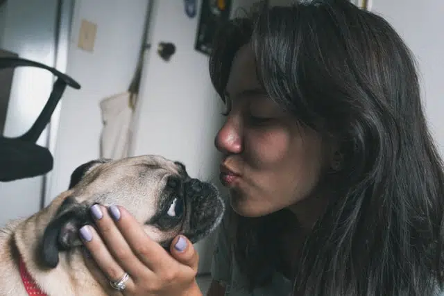 woman kissing her dog to show love