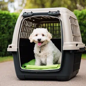 An owner is flying with pets and puts their white in a crate to get them used to it beforehand