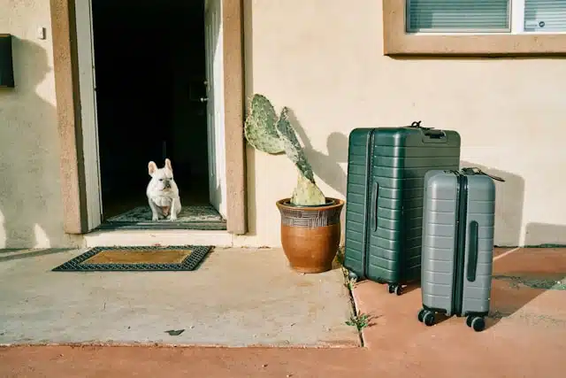 A Pug stands in the doorway of a house alongside luggage and a cactus as it gets ready to say goodbye to its owner who is heading off for a business trip