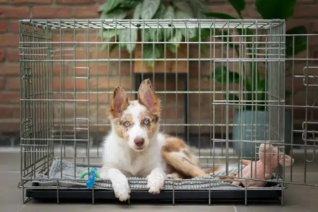 A brown and white puppy with blue eyes lying in an open metal crate, illustrating the benefits of not crate training, with a toy beside it.