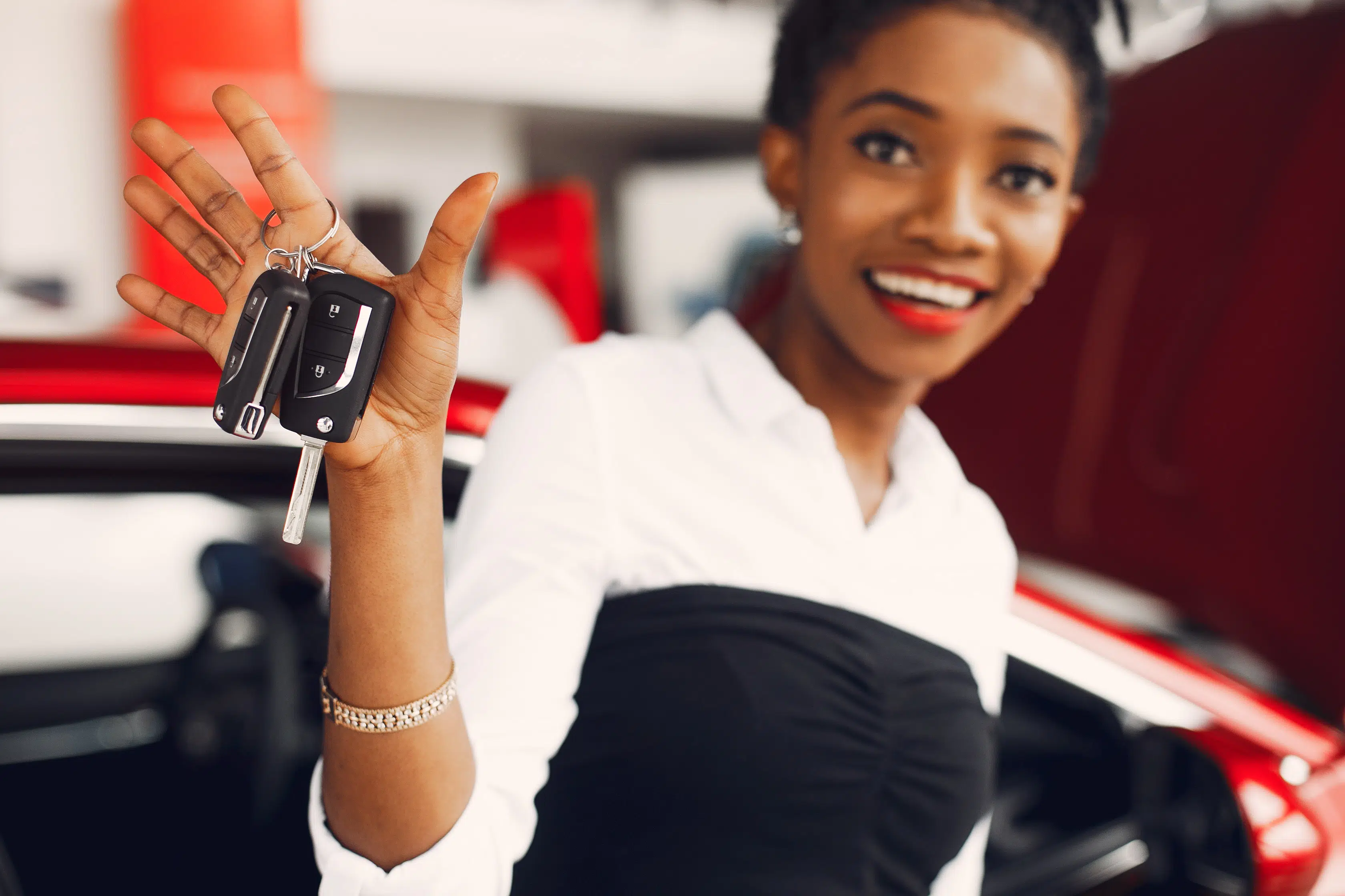 young woman buying a car in EOFY car sales