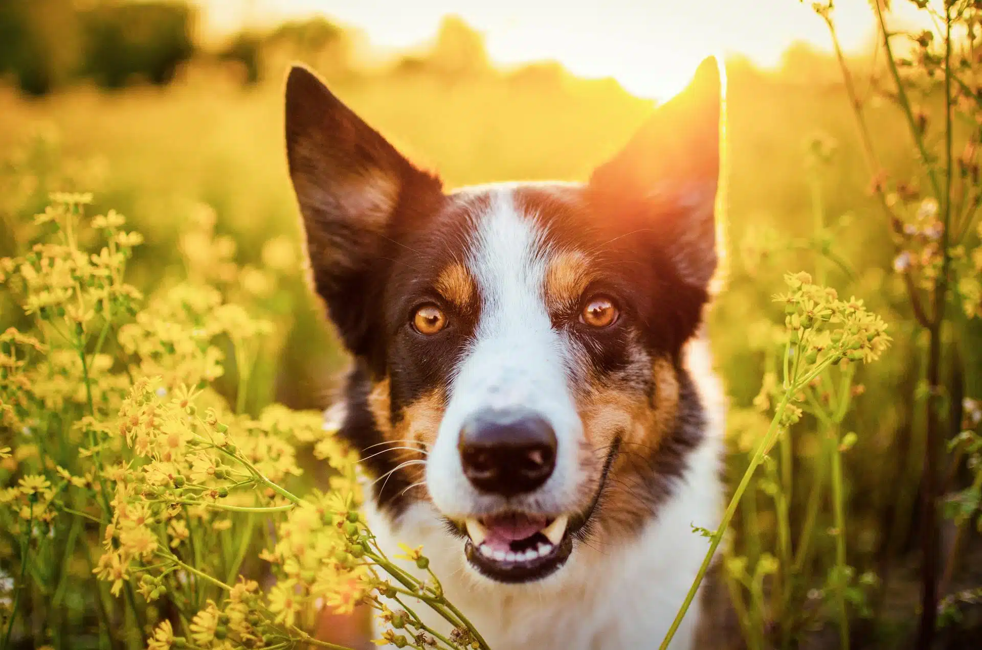 A dog is standing in a field of colorful flowers.