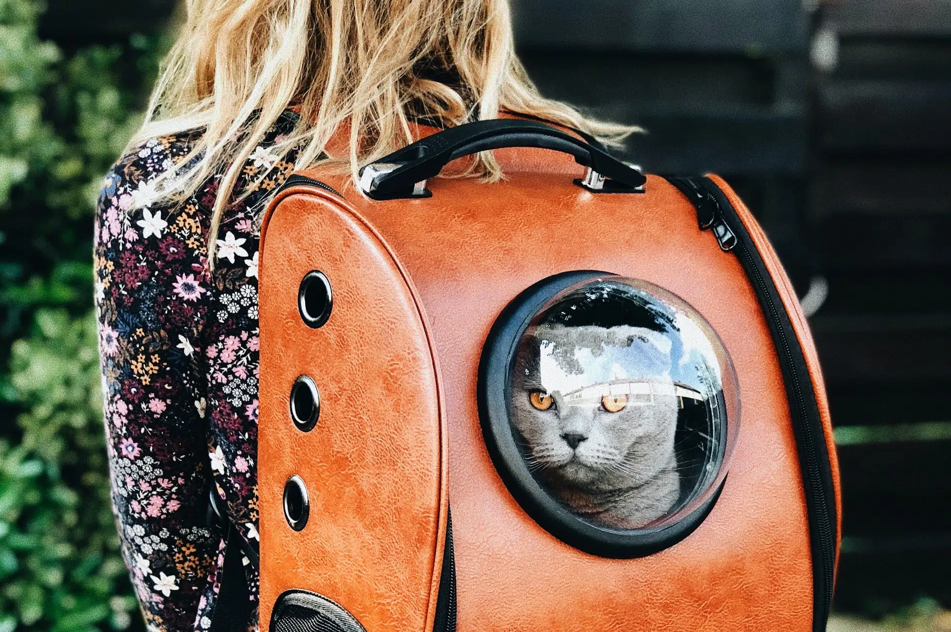 A woman travels with her cat in a pet carrier