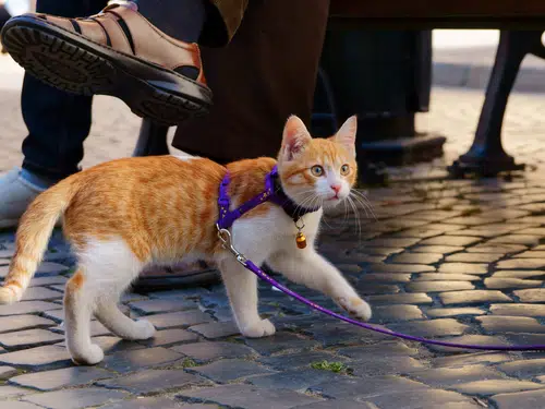 ginger and white cat walking on leash outside