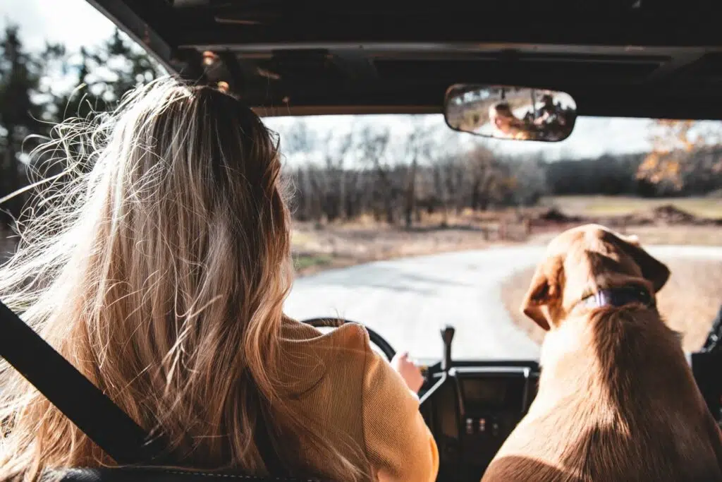 this woman and her dog in the front seat are loving safe solo travel in Australia 
