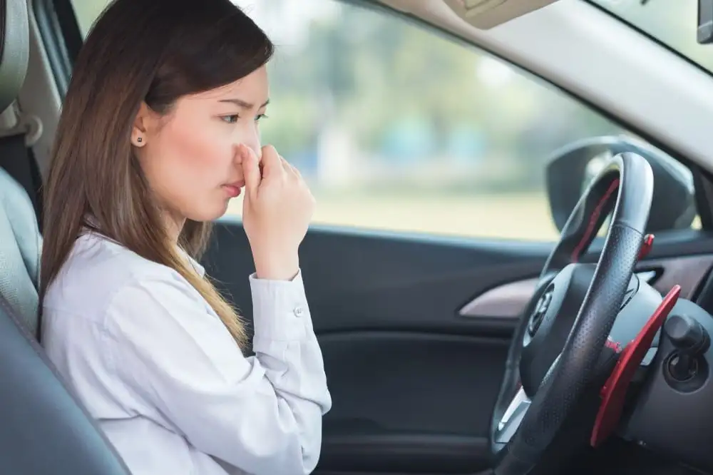 A woman sneezing while driving a car and wondering, "Why Does My Car Stink?