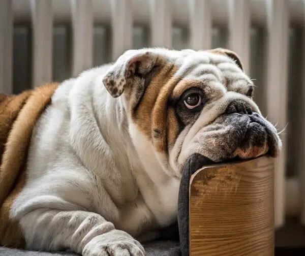 brown fat Bulldog on a wooden chair wakes up from a snooze