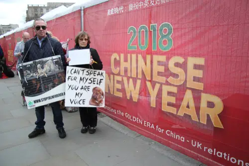 Yulin Dog Meat Festival protestors during Chinese New Year at Trafalgar Square in London