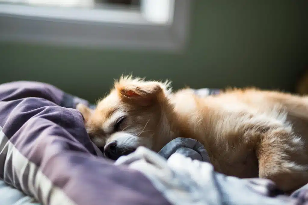 Tan puppy sleeps peacefully on its owner's bed.
