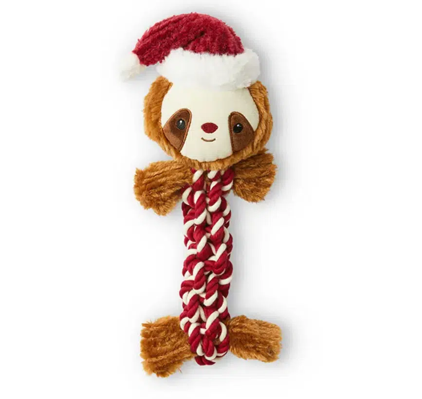 This red, white and brown All Day Christmas Sloth Twist Rope Dog Toy will keep your pup entertained on Christmas Day.