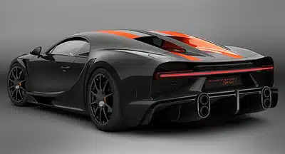 A rear view of a Bugatti Chiron Super Sport 300+ is the fastest car in the world