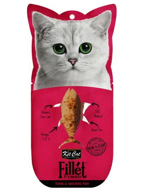A pouch of Kit Cat Fillet Fresh Tuna & Smoked Fish Cat Treat. check out our guide of gifts for cats