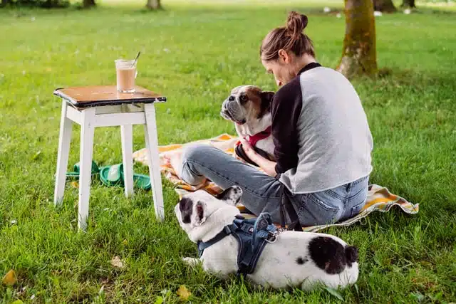 woman holds her dog because it's lame from a grass seed infection
