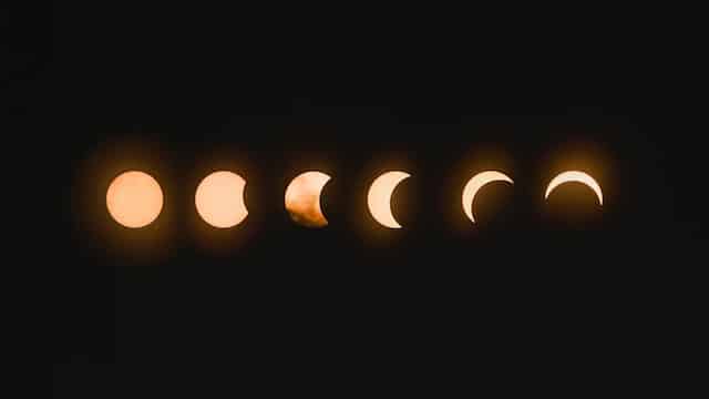 A series of different phases of a solar eclipse during the Chinese New Year, aligning with the Year of the dragon and showcasing various Chinese zodiac animals.