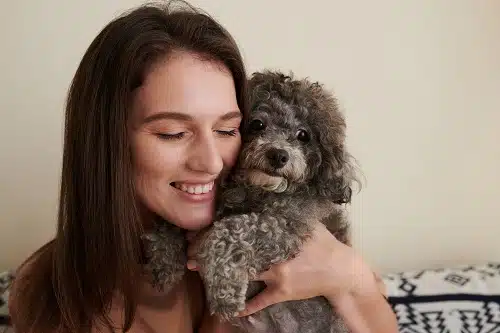 Portrait of smiling young woman hugging little curly dog for random acts of kindness day. You can help animals by volunteering at a shelter