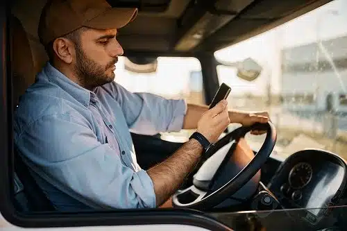 Side view of truck driver reading text message on smart phone while driving.