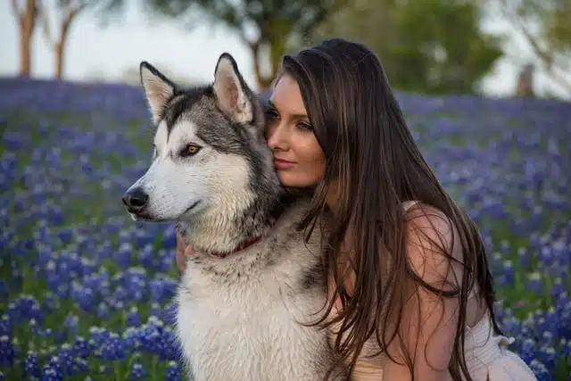 Women takes her dog out to celebrate its recovery from a bladder infection that caused it to start peeing blood.