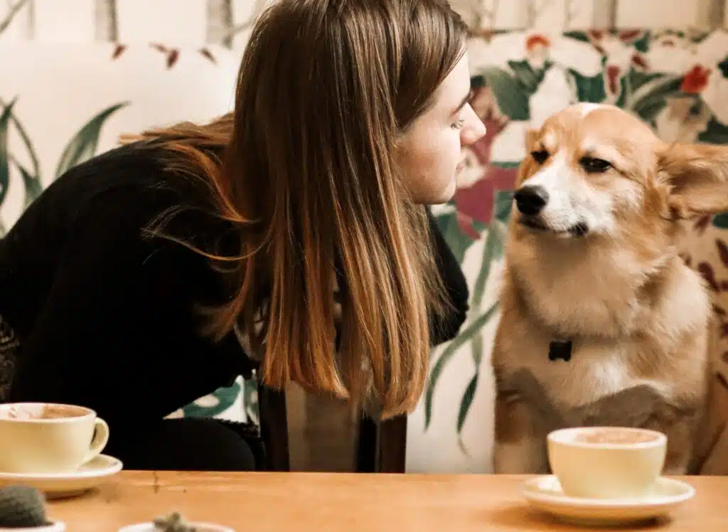 A woman looks lovingly at her fur baby as they sit in a pet friendly cafe and she feels calm knowing her paw pal has the best best insurance for it's health needs