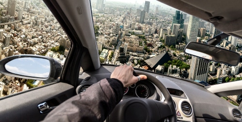 Driving a flying car to solve traffic problem, photo manipulation