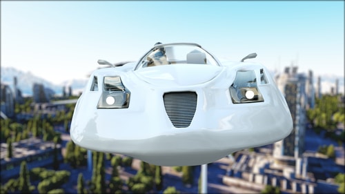 futuristic car flying over the city, town. Transport of the future. Aerial view. 3d rendering of roadable aircraft