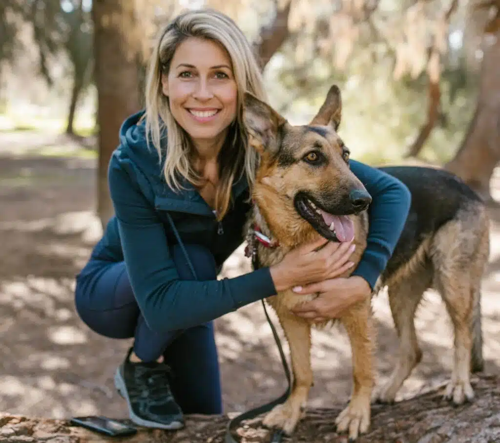 A woman celebrates her decision that pet insurance is right for her dog by taking it out for a long hike