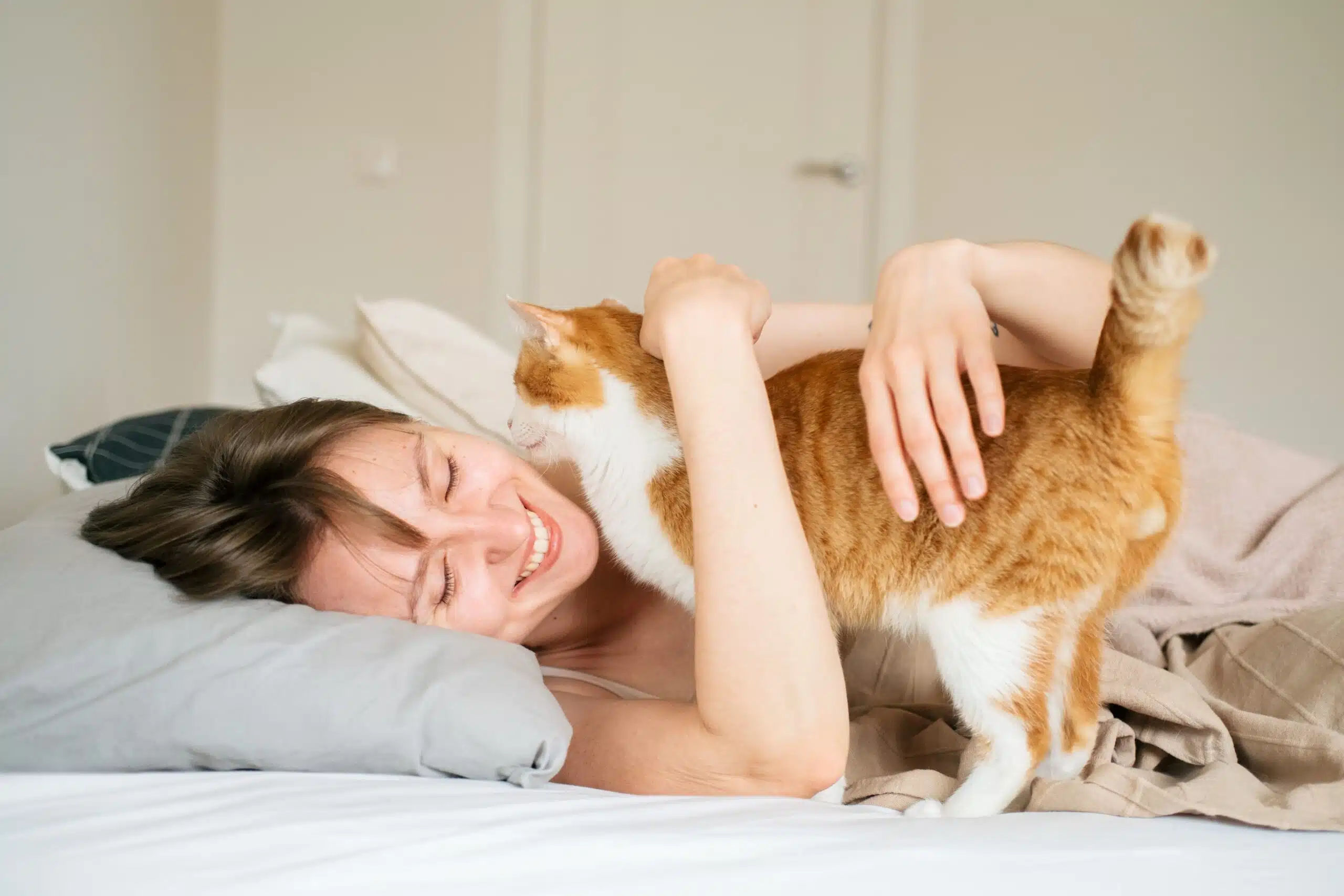 This lady wakes up to her pet after a good night's rest.