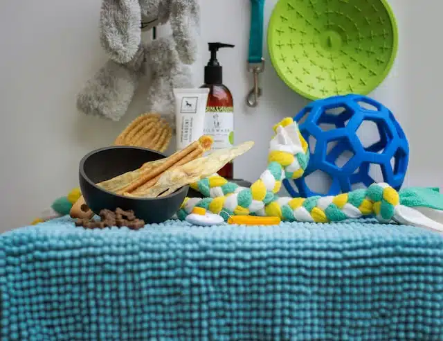 A blue towel with dog toys and a teddy bear on it, featuring the Dog Chew Awards.