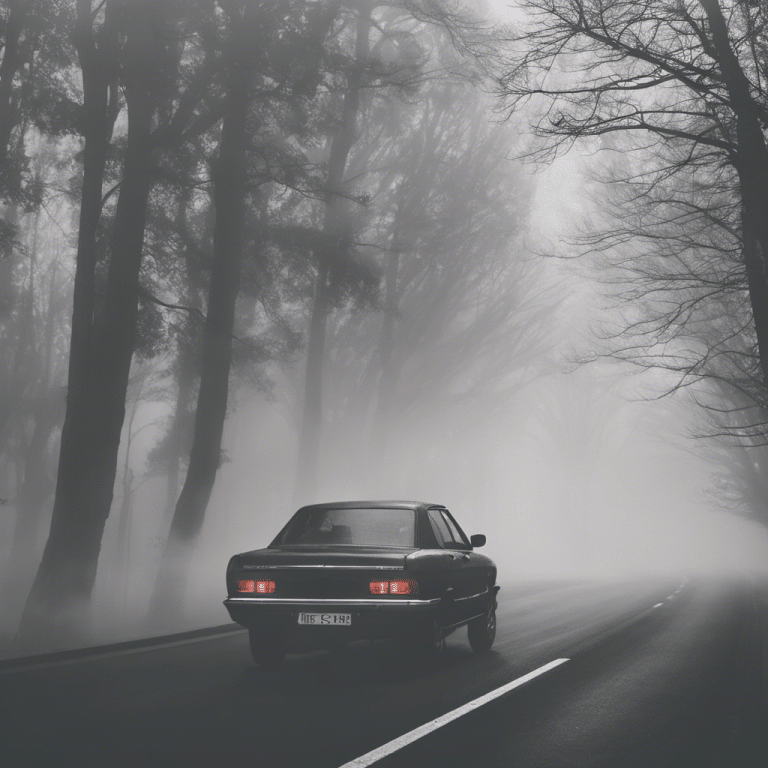 A black car driving on a foggy tree lined road.