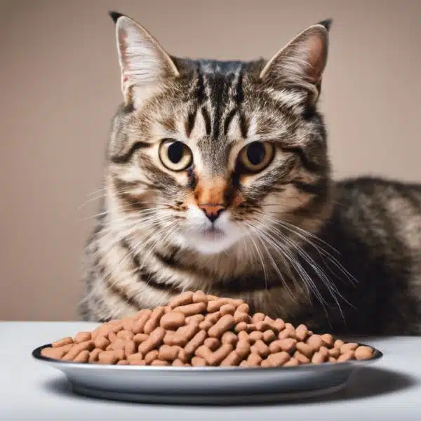A tabby cat examining a bowl of quality cat food that adheres to pet food regulations in Australia.
