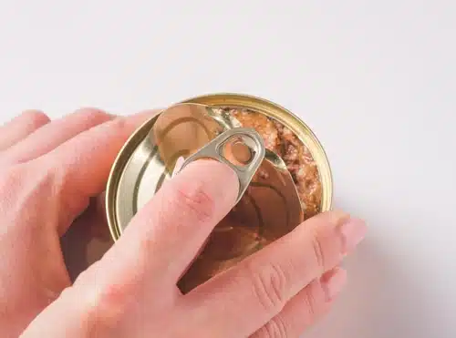 A person's hand is holding a can of tuna, indicating cat food storage.