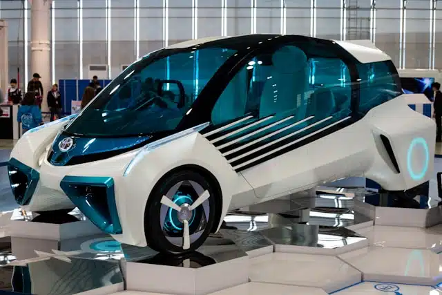 A Toyota hydrogen fuel cell concept vehicle on display at Megaweb Toyota City Showcase in Tokyo.