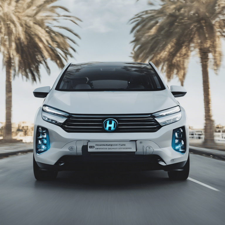 A white modern hydrogen fuel cell car driving on a palm-lined street.