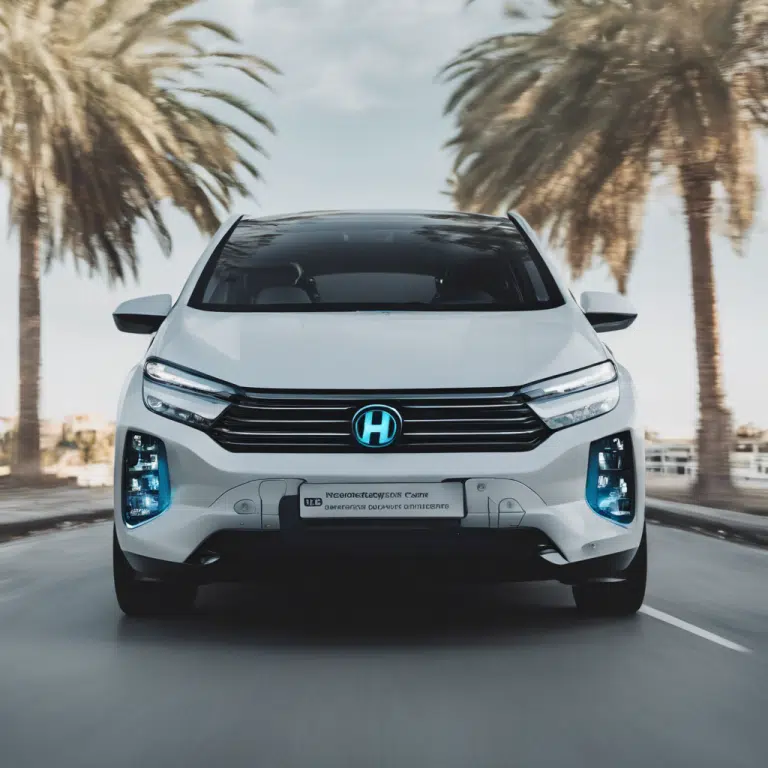 A white modern hydrogen fuel cell car driving on a palm-lined street.
