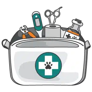 A cartoon first aid kit for pets, featuring medical supplies like scissors, bandages, and medicines, adorned with a paw print on the front, designed for the Competition 2024.