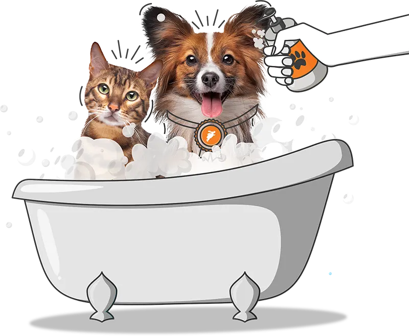 A cartoon depiction of a dog and a cat bathed by a robotic arm in a tub full of soap suds.