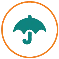 A teal umbrella icon is enclosed within an orange circle on a black background, reminiscent of sunsets in the west.