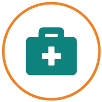 Icon of a medical kit with a cross on the front, encircled by an orange ring, symbolizing critical care often needed in rural areas like the West.