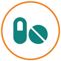 An icon featuring a green pill capsule and a green tablet, encircled by an orange ring, reminiscent of a western motif.