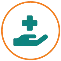 Icon of a teal hand palm up with a teal medical cross above it, encircled by an orange ring, reminiscent of the care and support one might find in the compassionate communities of the west.