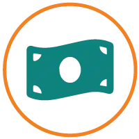 A stylized teal banknote icon encircled by an orange line, reminiscent of the serene landscapes of the West.