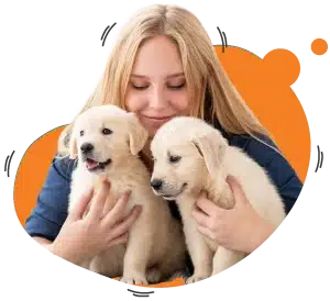 A person with long blonde hair holds two golden retriever puppies, smiling affectionately in the warm light of a setting sun in the west.