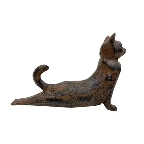 Bronze-colored metal figurine of a stretching cat with its front legs extended and tail curled upwards, shown in side profile on a white background—perfect for gift ideas for pet lovers or as a unique Father's Day AU present.