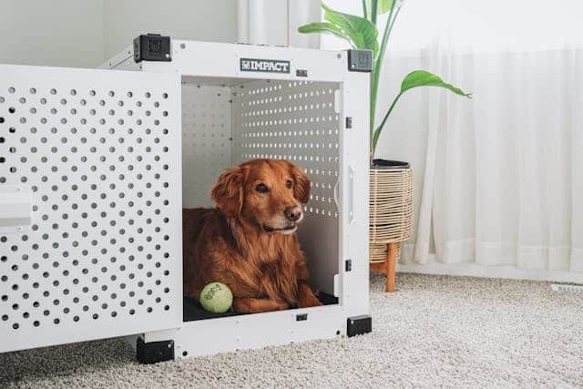 A dog enjoys some downtime in its crate with a tennis ball