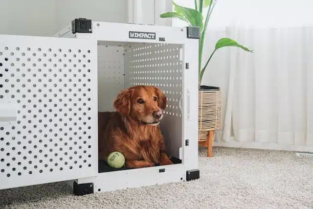 A dog enjoys some downtime in its crate with a tennis ball