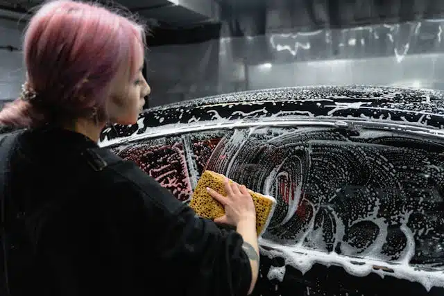 A person with pink hair diligently washes a black car with a soapy sponge, preparing it for the ultimate holiday road trip.