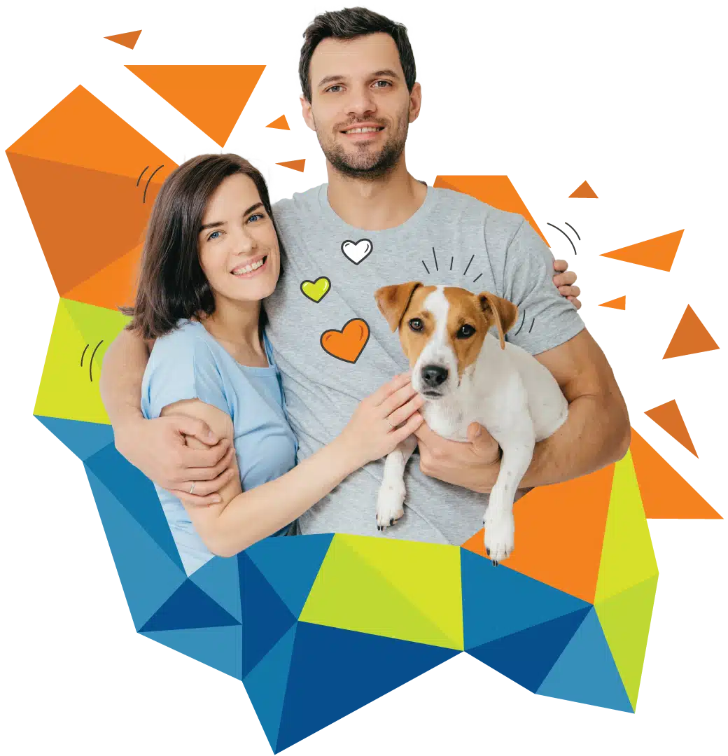 A couple from Dogs Victoria smiles while holding a small dog, surrounded by colorful geometric shapes and heart icons in the background.